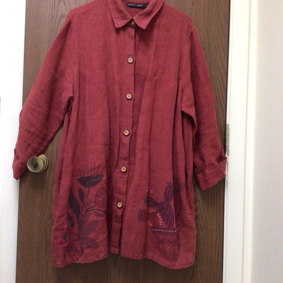 Gudrun Sjoden Red Tunic with Purple Accents, 100% linen, embroidered, sz L - Picture 12 of 13